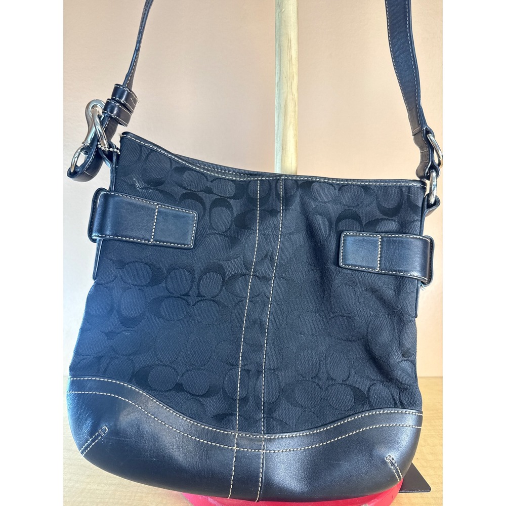 Coach Black Signature Jacquard Canvas Crossbody Bag Leather Trim Silver Buckle